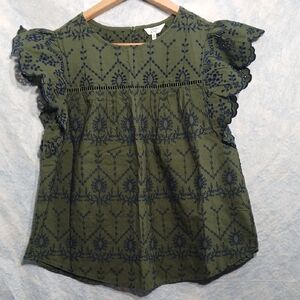 Crown & Ivy Flutter Sleeve Olive And Navy Blue Embroidered Eyelet Blouse SZ M